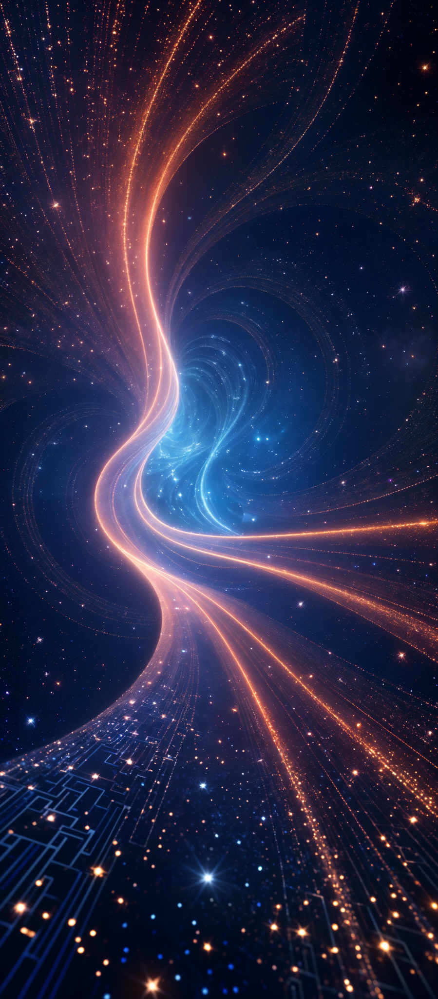 The image showcases a mesmerizing cosmic scene with swirling patterns of light. The dominant colors are deep blue and fiery orange, creating a stark contrast. The swirls are intricate, resembling the flow of energy or matter in space. The background is dotted with numerous stars, adding to the depth and vastness of the universe depicted.