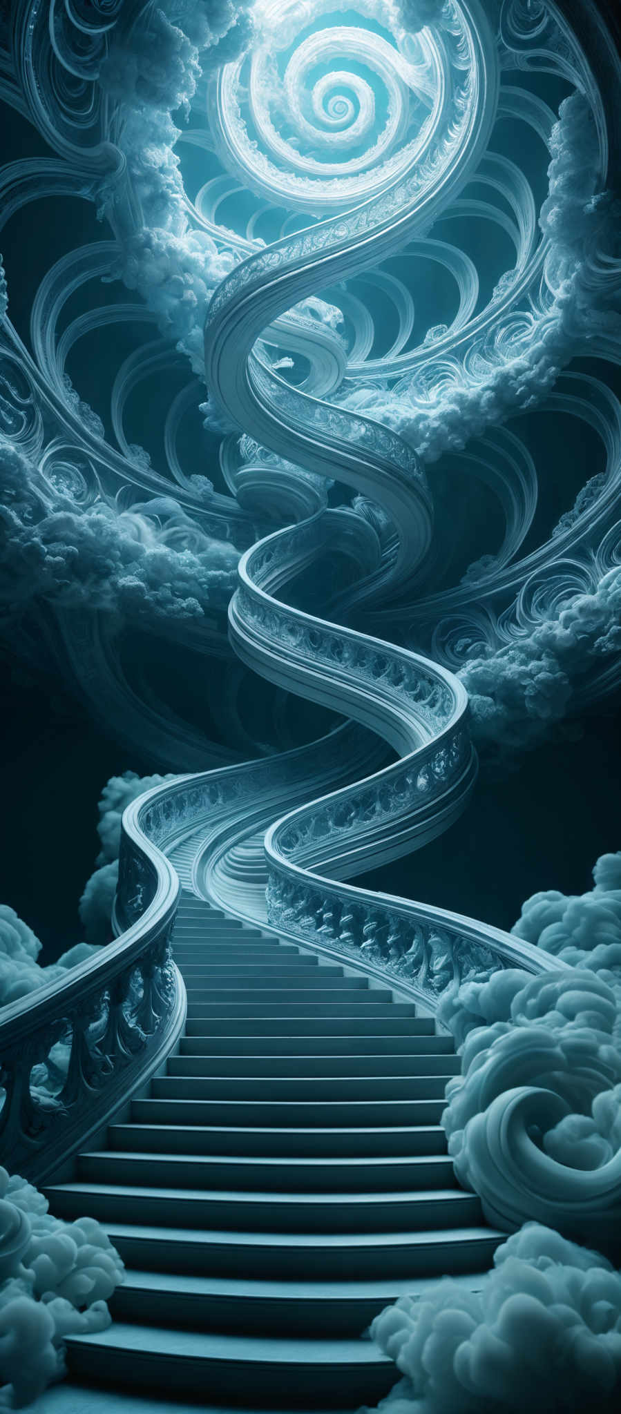 The image showcases a surreal and intricate architectural design. It features a spiral staircase that winds upwards, leading to a circular opening from which a bright light emanates. The staircases are ornately decorated with intricate carvings and designs. The color palette is dominated by shades of blue, giving the scene a dreamy and ethereal ambiance. The clouds surrounding the stairways are voluminous and have a soft, fluffy texture. The overall design evokes a sense of wonder and mystery.