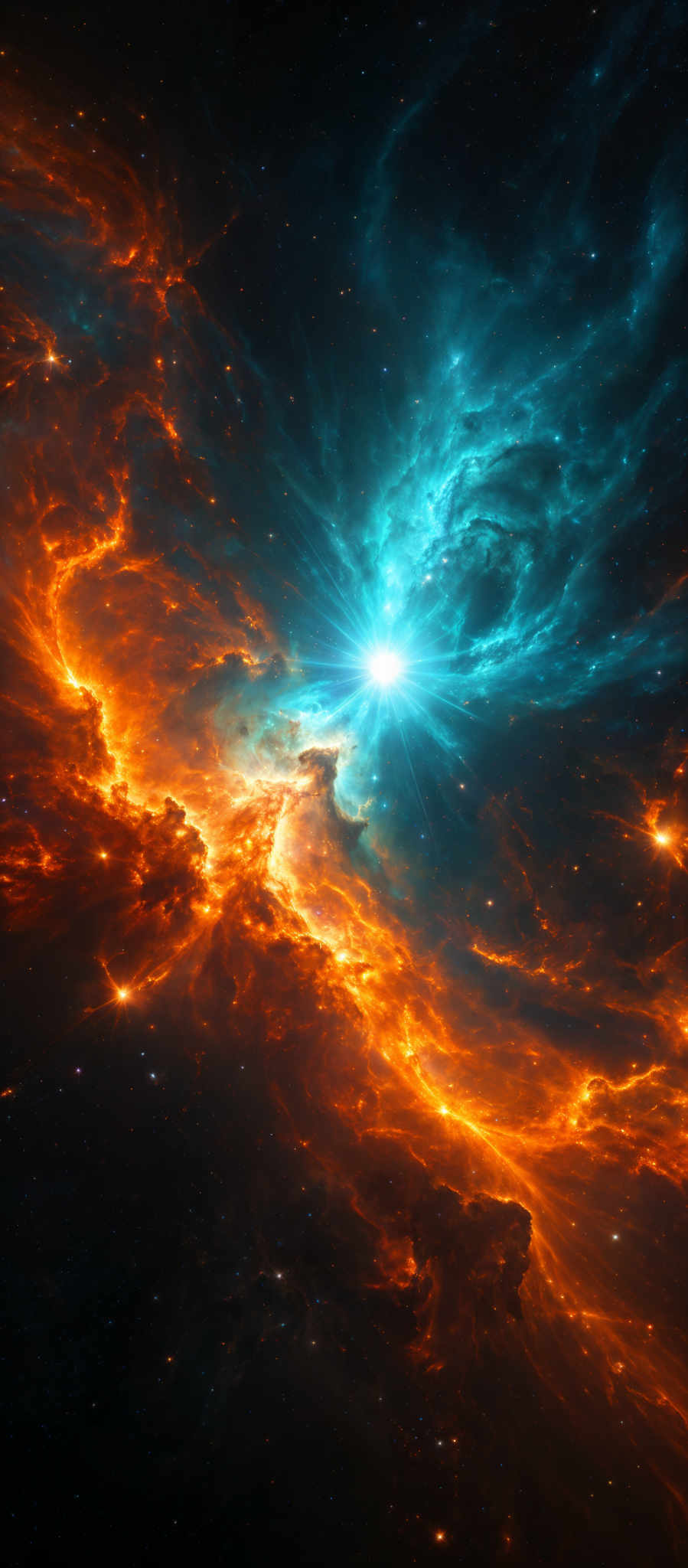 The image showcases a breathtaking cosmic scene. Dominating the center is a radiant blue star, emitting a brilliant light that illuminates the surrounding space. Surrounding the star are swirling patterns of fiery orange and red nebulae, which appear to be made up of gas and dust. These nebular formations are intricately detailed, with some parts appearing smooth and others showing a more turbulent and chaotic pattern. The background is dark, punctuated by distant stars, giving a sense of depth and vastness to the universe depicted.