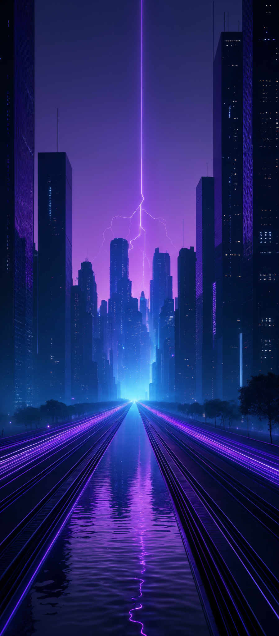 The image showcases a futuristic cityscape during nighttime. The dominant colors are shades of purple, blue, and black. The city is characterized by tall skyscrapers, some of which have unique designs and patterns. A prominent feature is a bright, vertical lightning bolt that cuts through the sky, illuminating the city below. In the foreground, there are two parallel roads or tracks that reflect the neon lights, creating a mirrored effect on the water below. The overall ambiance is one of a technologically advanced, possibly dystopian, urban setting.