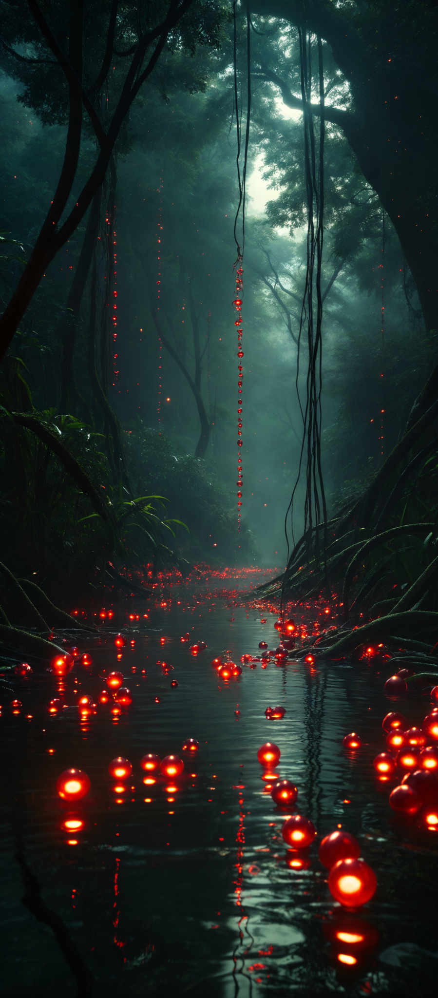 The image showcases a serene and mystical forest scene. The dominant colors are shades of green, representing the dense foliage, and a warm, glowing red from the floating orbs. The orbs are spherical in shape and emit a soft, radiant light. They are scattered throughout the water, creating a pathway of light. The forest is dense with tall trees, their branches reaching out in various directions. The water reflects the trees and orbs, adding depth to the scene. There's also a misty ambiance, suggesting it might be early morning or late evening.