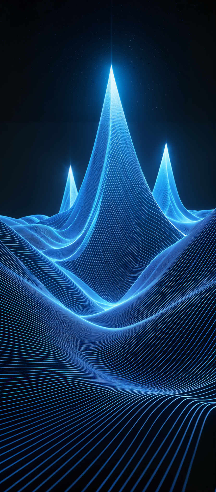 The image showcases a vibrant and mesmerizing digital landscape. Dominated by deep blue hues, the scene features three prominent mountain-like structures with pointed peaks. These structures are illuminated from the top, casting a radiant glow that contrasts with the darker background. The mountains are surrounded by undulating waves of luminous blue lines, creating an effect of flowing water or perhaps digital data streams. The vast expanse of the background is a deep black, punctuated by a few distant stars, adding to the otherworldly ambiance of the scene.