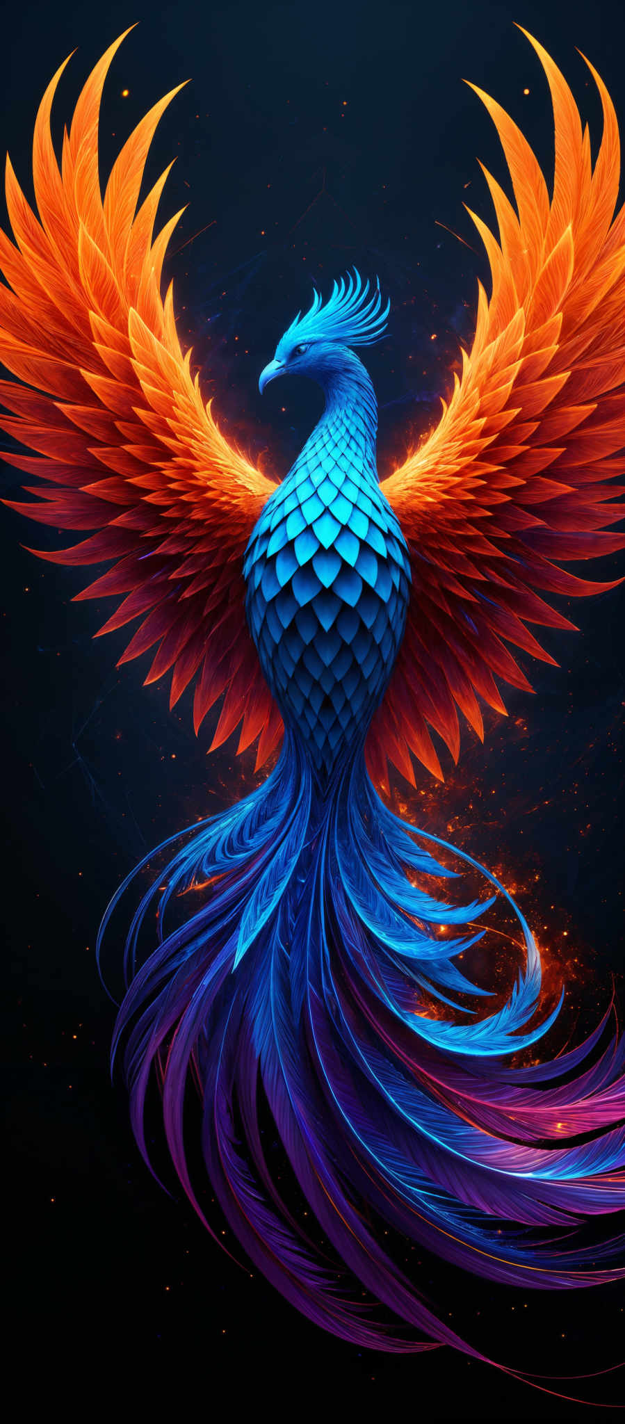 The image showcases a vibrant and intricately designed bird, reminiscent of a phoenix. The bird has a blue body with a patterned scale design, and its wings are a fiery orange-red, almost resembling flames. The tail feathers transition from a deep blue to a vivid purple, with a hint of sparkling particles surrounding it. The background is dark, emphasizing the bird's colors and creating a contrast that makes the bird stand out prominently.