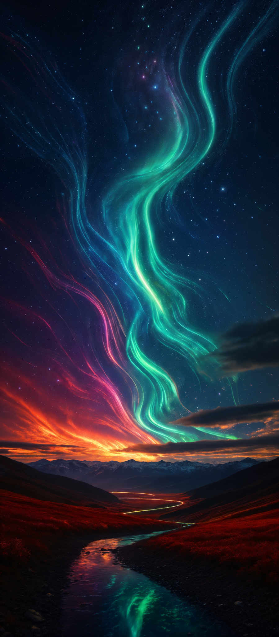 The image showcases a vibrant and mesmerizing night sky filled with swirling patterns of colors, predominantly shades of green, blue, and pink. These colors seem to emanate from a central point, creating an ethereal and almost otherworldly effect. Below the sky, there's a serene landscape with rolling hills, a winding river reflecting the colors of the sky. The horizon is illuminated with a fiery orange and red hue, possibly indicating a setting or rising sun. The sky is dotted with stars, adding to the overall mystical ambiance of the scene.