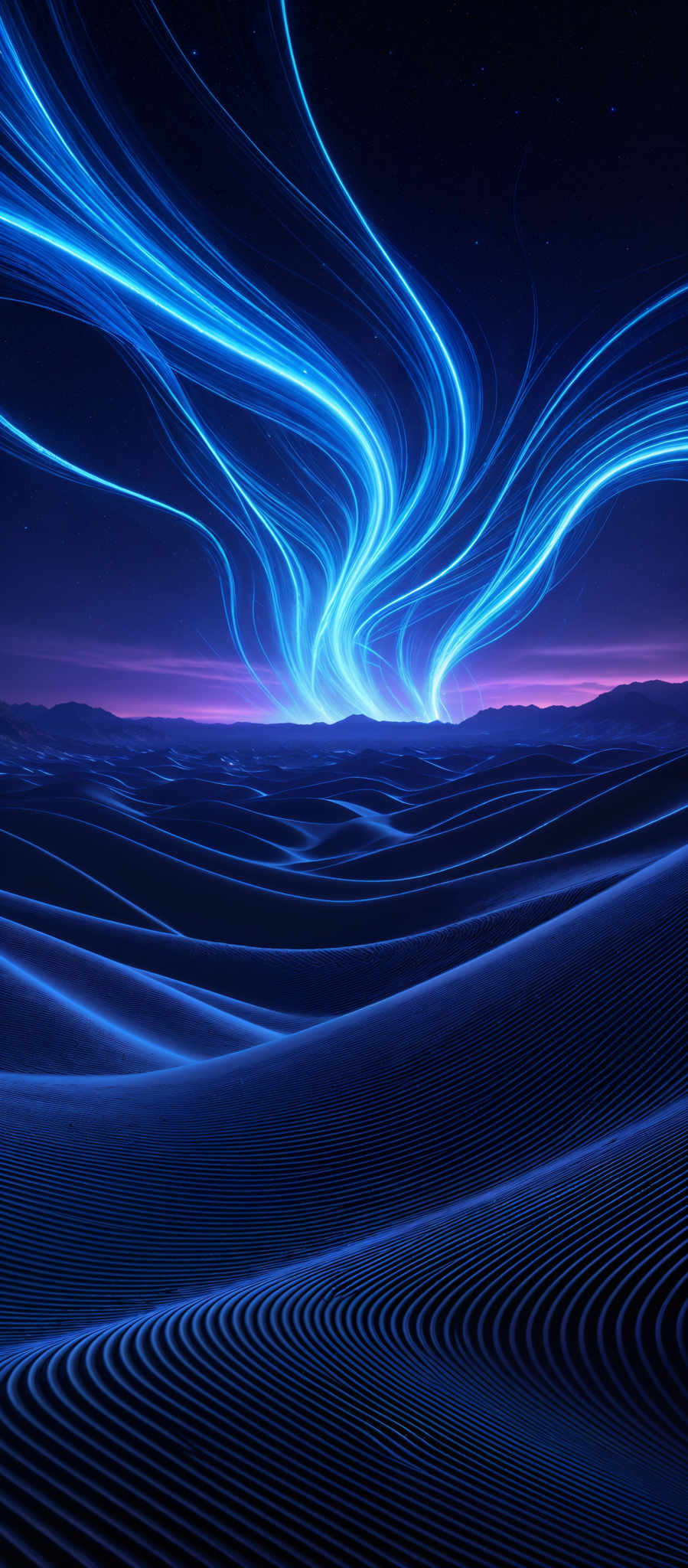 The image showcases a vibrant and mesmerizing scene of swirling blue and neon-like patterns against a dark backdrop. These patterns resemble flowing rivers or streams of energy, cascading downwards and intertwining with one another. The colors are predominantly deep blues and neons, with hints of purple and pink in the background. The landscape below consists of undulating sand dunes with intricate ripples and patterns, giving the impression of a serene and otherworldly desert.