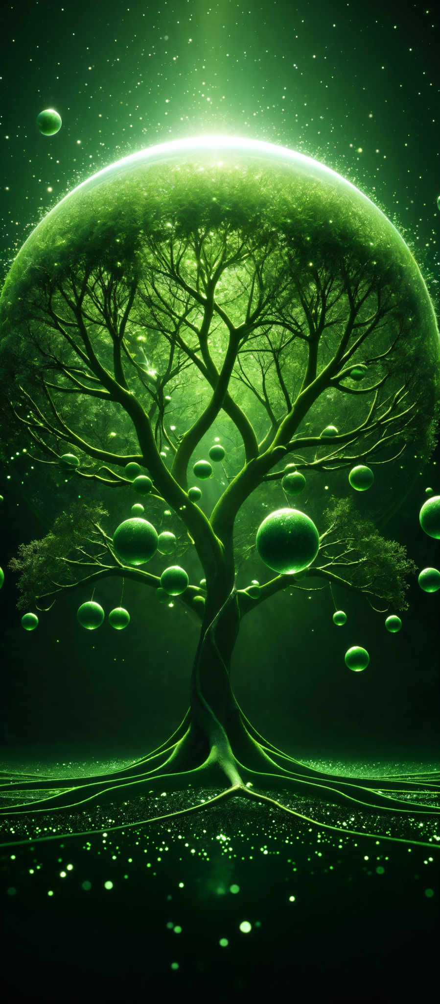 The image predominantly features shades of green, with a vibrant and luminous green hue. The central element is a tree, which is intricately detailed with its branches extending outwards. The tree's canopy appears to be a large, circular, and translucent sphere, through which one can see the tree' roots and branches. Surrounding the tree are multiple spherical orbs of varying sizes, some of which are suspended in the air and others seem to be floating on the ground. The background is dark, with specks of light, possibly representing stars or other celestial bodies, adding to the ethereal and mystical ambiance of the scene.