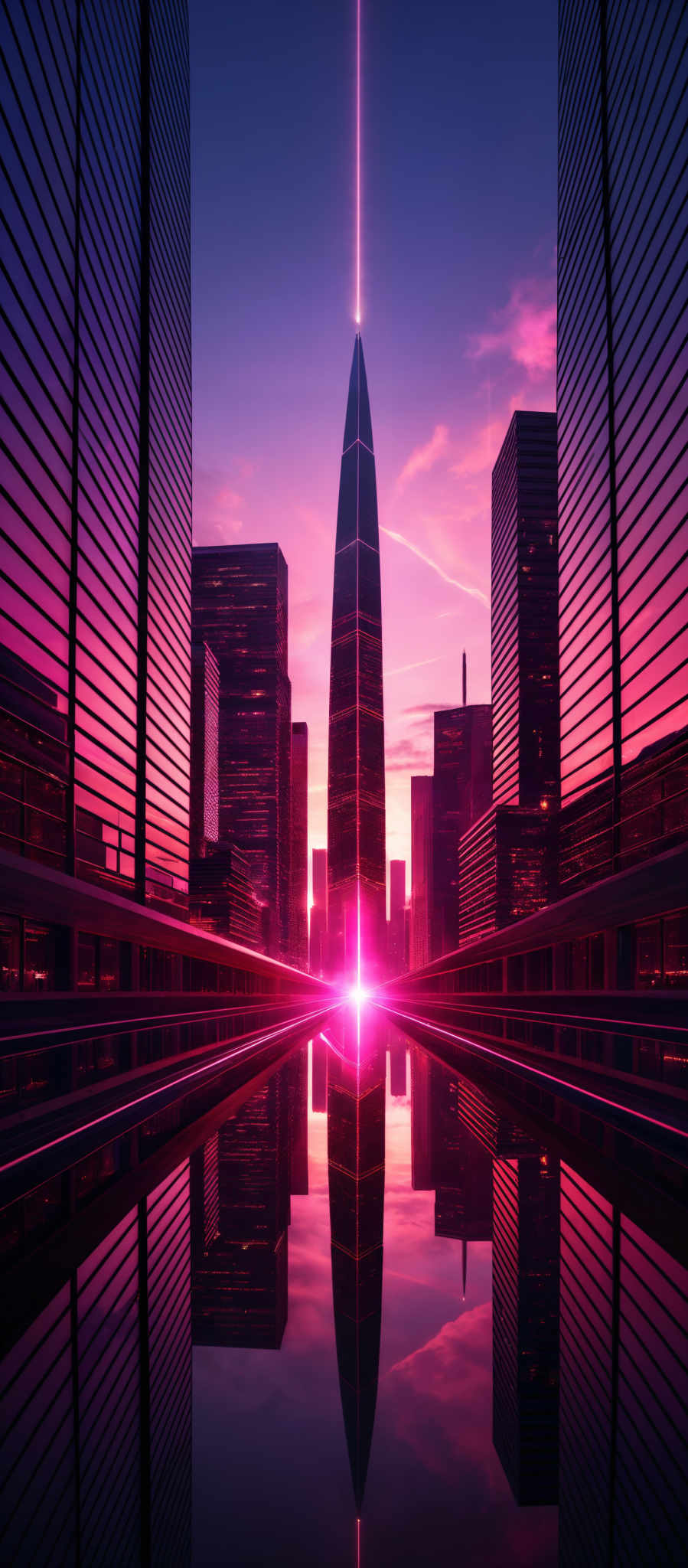 The image showcases a futuristic cityscape during what appears to be dusk or dawn. Dominating the center is a tall, sleek skyscraper with a sharp, pointed tip. This building emits a bright, vertical beam of light that cuts through the sky. Surrounding this central structure are other modern buildings with reflective glass facades. The sky is painted in hues of pink, purple, and blue, suggesting the transition between day and night. The city is mirrored perfectly in a calm body of water below, creating a symmetrical visual effect.