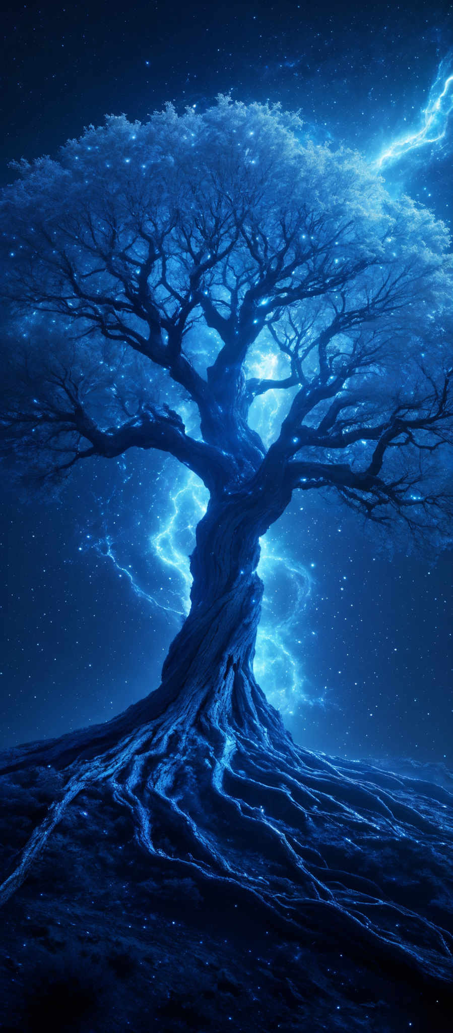 The image showcases a majestic tree with sprawling roots and branches. The tree is illuminated with a radiant blue glow, giving it an ethereal appearance. The background is a deep blue night sky dotted with stars, and there's a hint of a cosmic phenomenon, possibly a galaxy or nebula, emanating a soft white light. The ground beneath the tree is also illuminined in blue, with intricate patterns resembling roots or tendrils extending outwards.