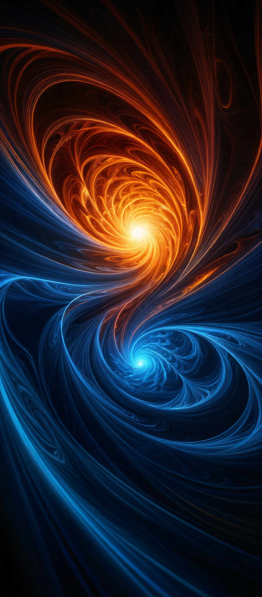 The image showcases a mesmerizing interplay of colors and swirling patterns. Dominating the image are vibrant hues of orange and blue, which seem to be swirled together in a dynamic dance. The orange, reminiscent of a fiery sunset or blazing flame, is contrasted by the cool, deep blue, evoking the vastness of the night sky or the depths of an ocean. The swirles are intricate and appear almost fluid, giving the image a sense of motion and energy. The overall effect is both captivating and surreal, as if one is gazing into a cosmic vortex or a whirlpool of colors.