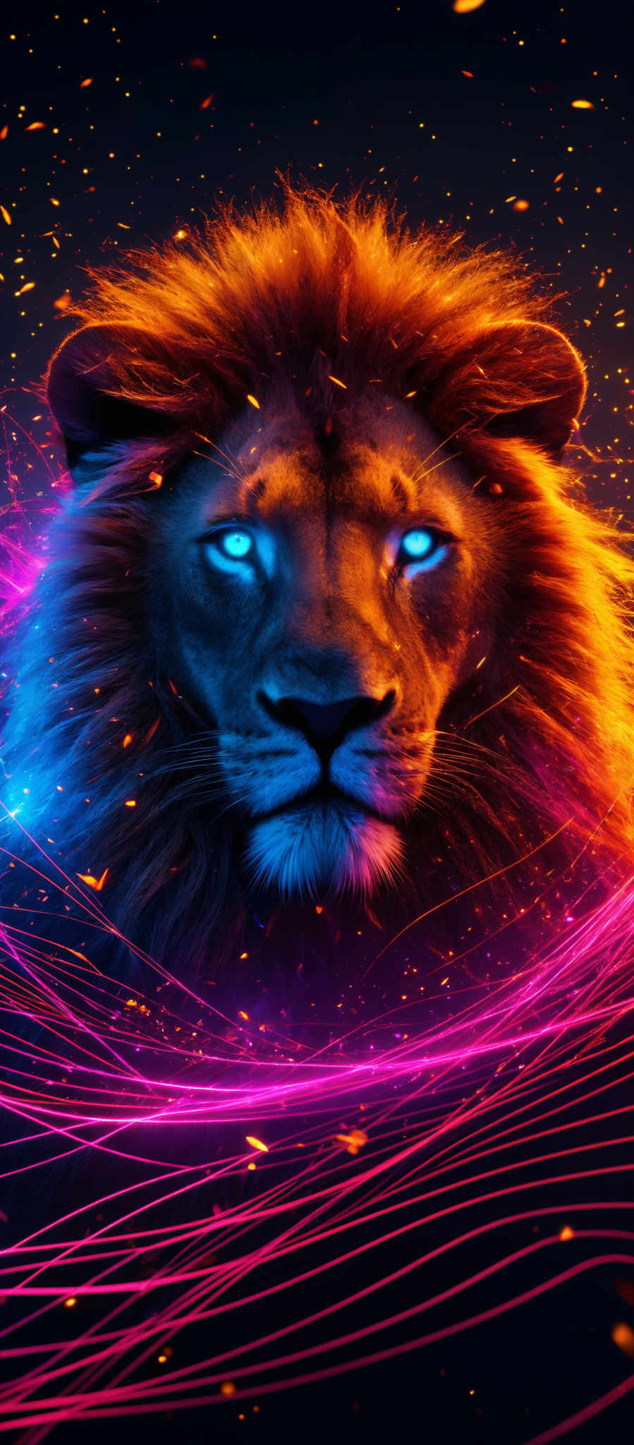 The image showcases a majestic lion with a mane that appears to be glowing with a fiery orange hue. Its eyes are a striking shade of blue, emanating an ethereal glow. Surrounding the lion are vibrant streaks of neon lights in shades of pink, purple, and blue, creating a dynamic and mesmerizing effect. The background is dark, with sparkles and light particles scattered throughout, adding to the mystical ambiance of the scene.