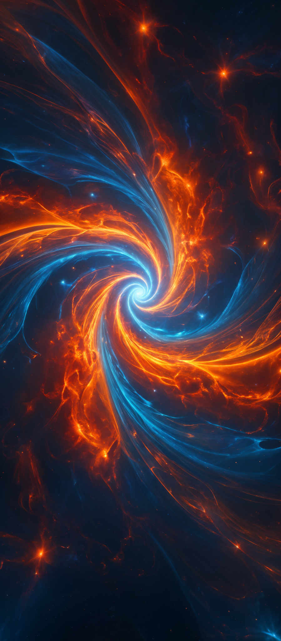 The image showcases a mesmerizing cosmic scene with swirling patterns of vibrant colors. Dominating the image are swirled patterns of fiery orange and deep blue, reminiscent of galaxies or nebulae. The swirls are intricate, with tendrils of light extending outwards, giving the impression of dynamic energy and movement. The central region of the image is brighter, suggesting a focal point or a source of light. The overall effect is both captivating and awe-inspiring, evoking feelings of wonder about the vastness and beauty of the universe.