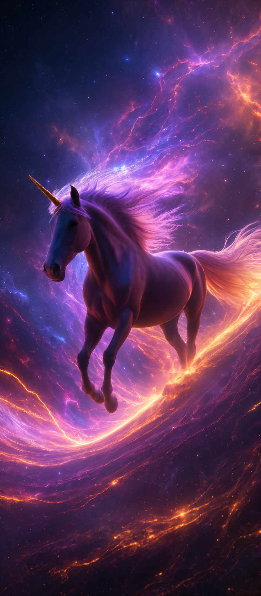 The image showcases a majestic unicorn set against a cosmic backdrop. The unicorm is depicted in a galloping stance with its mane and tail flowing dynamically. The color palette is vibrant, with hues of purple, blue, and gold dominating the scene. The cosmic background features swirling nebulae, radiant stars, and cosmic dust, creating an ethereal and otherworldly atmosphere.