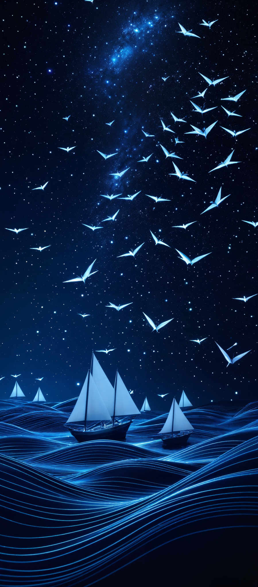 The image showcases a deep blue night sky filled with stars. A flock of white birds is seen flying across the sky. Below, there are abstract, wavy blue patterns that resemble waves or digital data streams. These patterns are interspersed with three white sailboats, each with triangular sails, floating on the blue patterns.