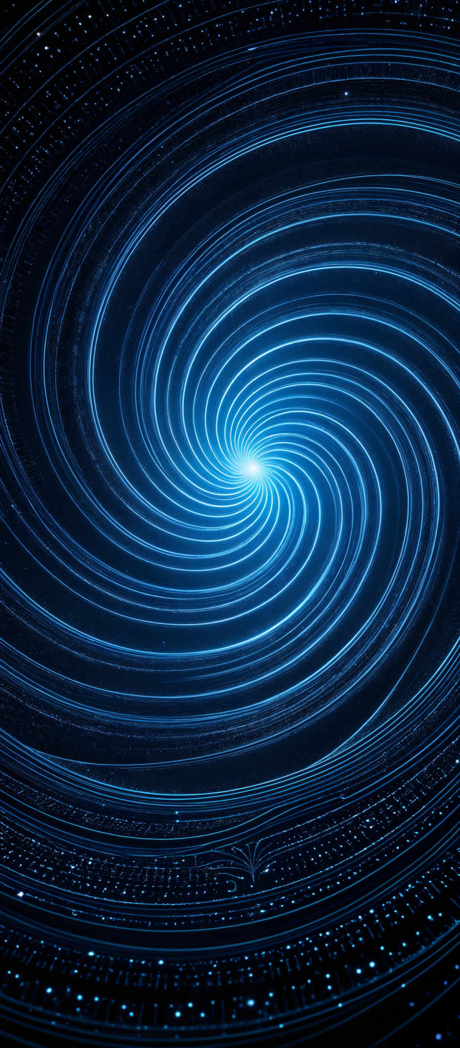 The image showcases a mesmerizing spiral pattern, predominantly in shades of blue. The spiral starts from a bright center and radiates outwards, creating concentric circles. The pattern is intricate, with lines that seem to be made of a digital or luminescent substance, giving it a futuristic or otherworldly appearance. The background is dark, which accentuates the vibrant blue of the spiral, making it the focal point of the image, and adding depth to the overall composition.