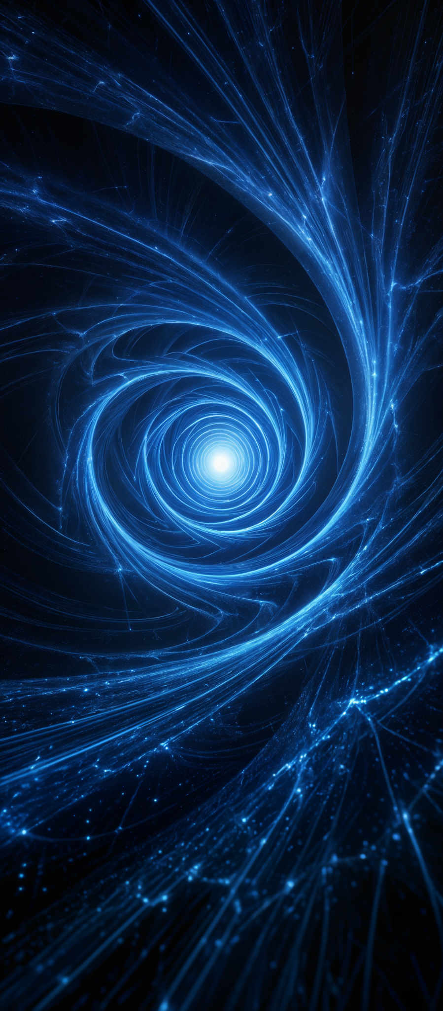 The image showcases a mesmerizing swirl of blue energy, reminiscent of a vortex or whirlpool. The energy spirals inwards, converging towards a central point, which emits a bright white light. The swirling patterns are intricate, with tendrils of energy extending outwards, intertwining with one another. The overall color palette is dominated by deep blues and bright whites, creating a contrast that emphasizes the dynamic movement of the energy.