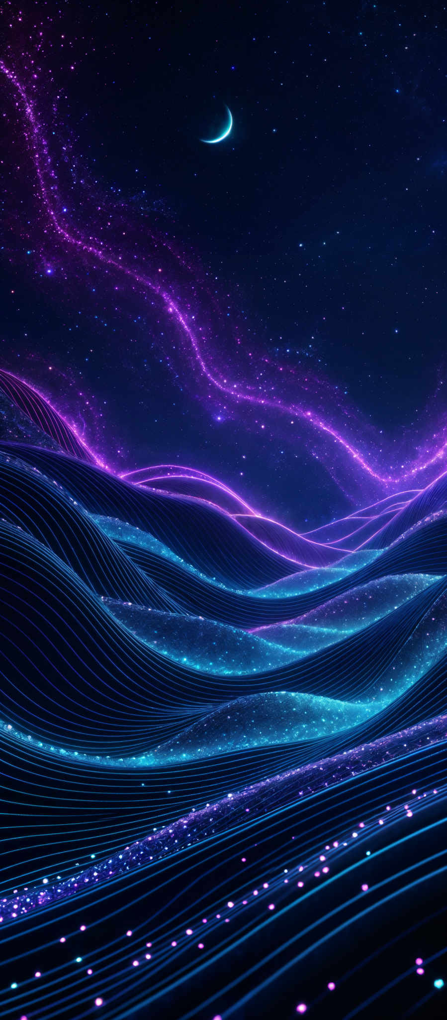 The image showcases a vibrant and mesmerizing cosmic landscape. The dominant colors are shades of purple, blue, and black. The landscape features undulating, glowing waves that seem to be made of a neon-like substance, emitting a soft luminescence. These waves are set against a backdrop of a starry night sky with a crescent moon visible. The entire scene is bathed in a cosmic glow, giving it an otherworldly and ethereal quality.