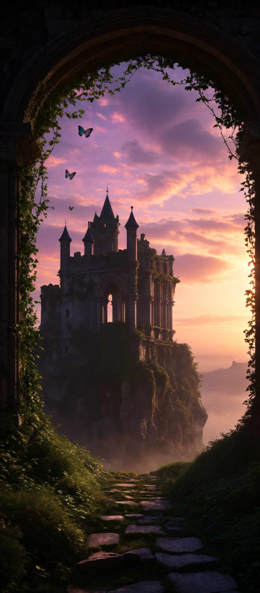 The image showcases a breathtaking view of a castle perched atop a rocky cliff. The castle is made of stone, with multiple turrets and arched windows. The sky is painted in hues of pink, purple, and orange, suggesting either a sunrise or sunset. In the foreground, there's a stone pathway leading to the castle, surrounded by lush greenery and overgrown plants. Butterflies can be seen fluttering around, adding to the magical ambiance. The overall scene exudes a sense of mystery and wonder.