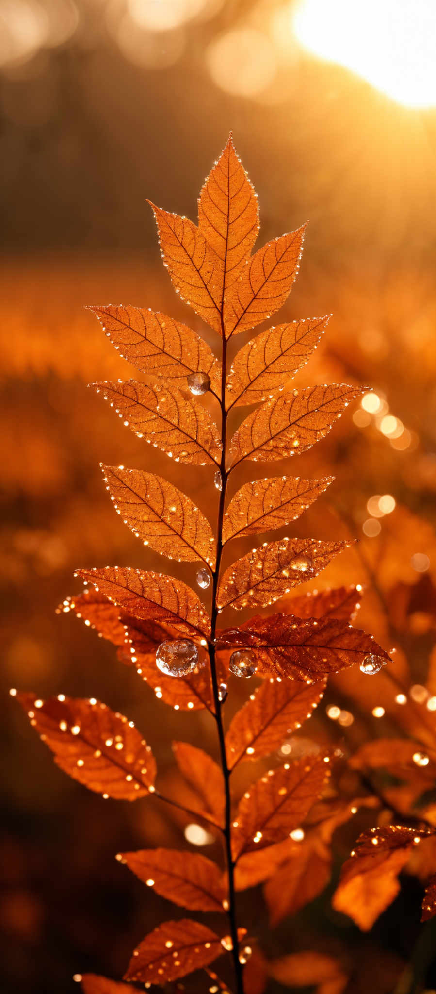 The image showcases a close-up view of a plant with leaves. The leaves are of a reddish-brown hue, displaying a translucent quality due to water droplets clinging to them. The droplet's clarity allows one to see the intricate vein patterns of the leaves. In the background, there's a warm, golden light, possibly from the sun, casting a soft glow over the scene. The overall ambiance of the image is serene and evokes feelings of tranquility.