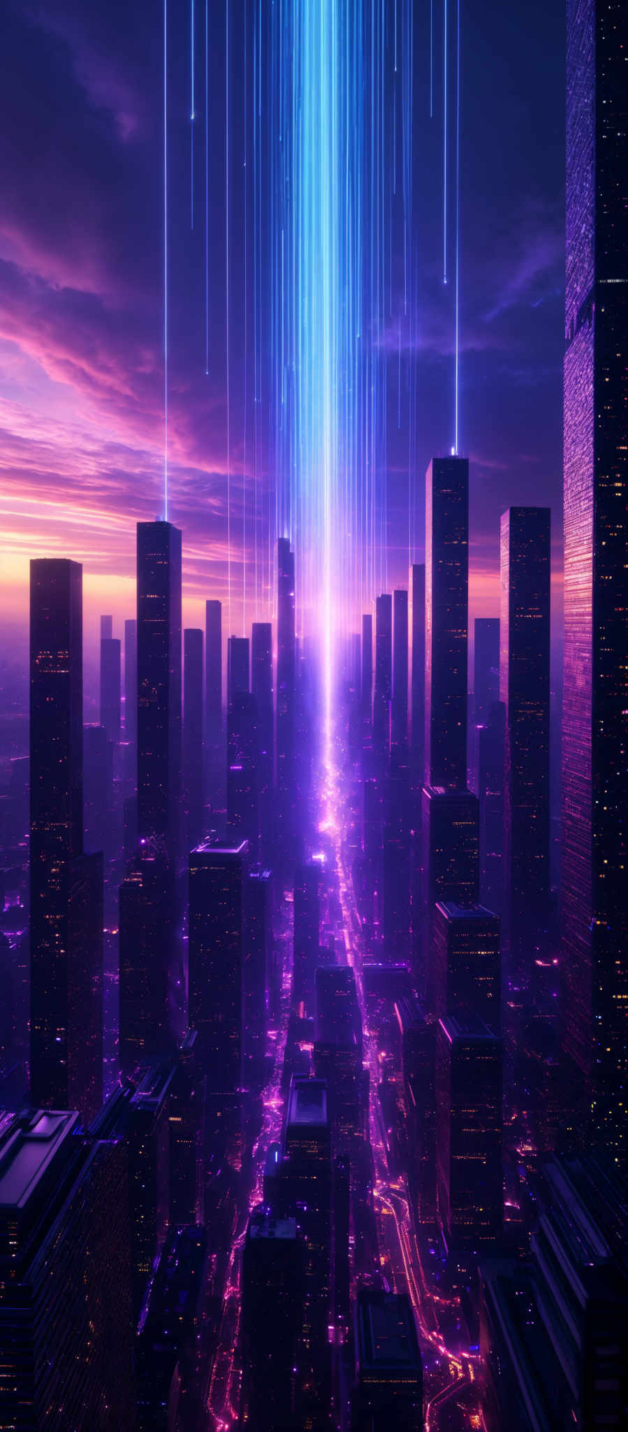 The image showcases a cityscape during what appears to be either dawn or dusk. The sky is painted with hues of purple, pink, and orange, with streaks of blue light cascading downwards. The city itself is dotted with numerous skyscrapers, each varying in height and design. The buildings are illuminated with bright lights, creating a contrast against the darkening sky. The streets below are bustling with activity, with vehicles moving and lights reflecting off the roads. Overall, the image exudes a futuristic and vibrant ambiance.