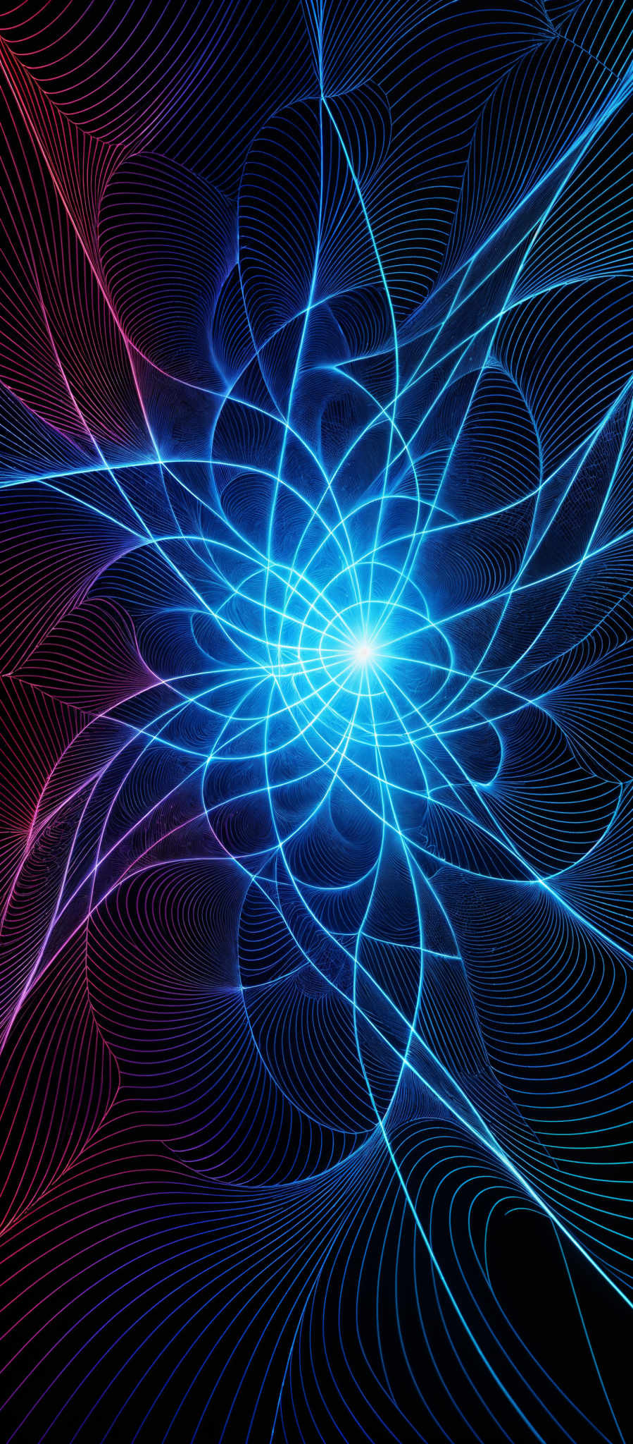 The image showcases a vibrant and dynamic pattern of intertwined lines and curves. The dominant colors are shades of blue, pink, and black. The blue lines radiate outwards from a central point, creating a swirling effect. These lines are intertwines with pink curves, which add depth and dimension to the design. The background is predominantly black, which accentuates the brightness of the blue and pink lines.