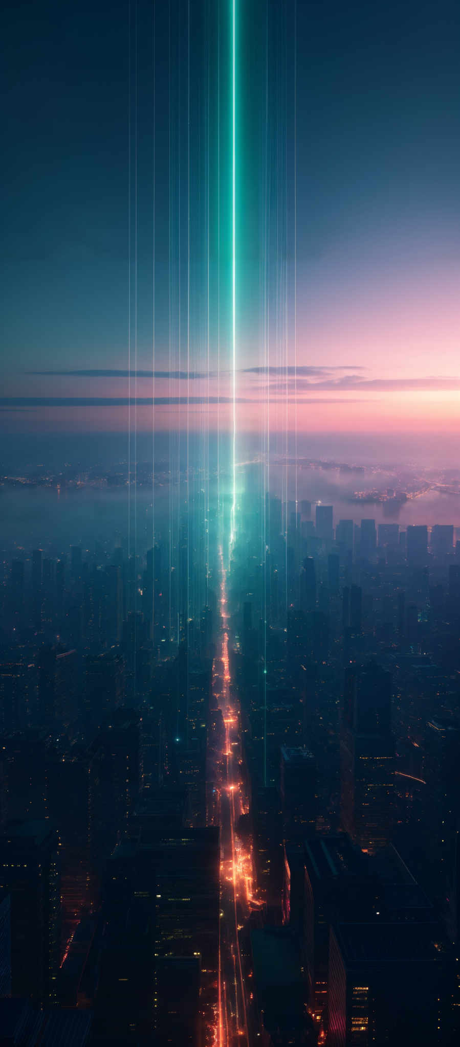 The image showcases a cityscape during what appears to be dusk or dawn. The sky is painted with hues of blue, pink, and orange, indicating the transition between day and night. The city below is densely packed with skyscrapers, all illuminated with lights. A prominent vertical beam of light, emanating a bright turquoise color, cuts through the sky, drawing the viewer's attention. This beam seems to originate from a central point in the city and extends upwards, almost touching the horizon. The overall ambiance of the image is both serene and futuristic.