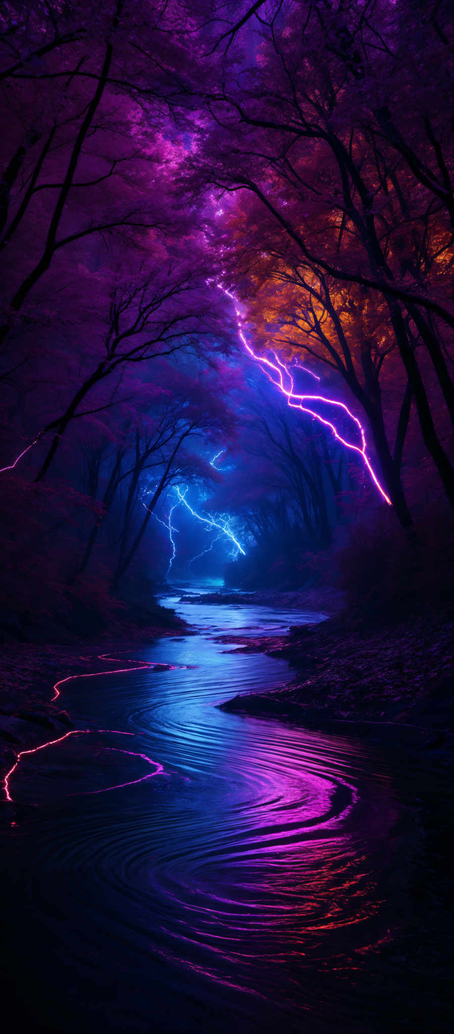 The image showcases a vibrant and surreal forest scene. The dominant colors are shades of purple, pink, and blue. The trees have a unique, almost ethereal appearance with their branches extending outwards in various directions. There are streaks of bright blue lightning that seem to be emanating from the ground and striking upwards. The forest floor is covered with fallen leaves and there's a calm river flowing through the center, reflecting the colors of the sky and trees. The overall atmosphere is mystical and otherworldly.