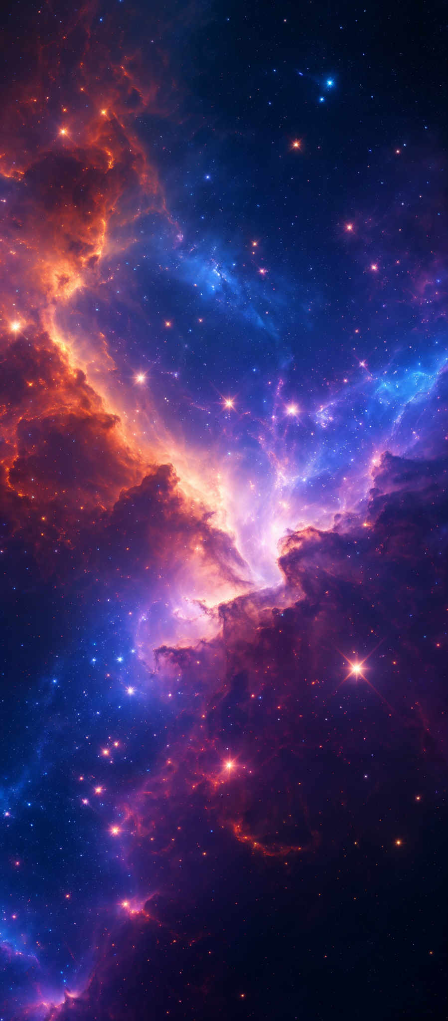 The image showcases a vibrant and mesmerizing cosmic scene. It predominantly features a mix of deep blues, fiery reds, and radiant purples. The colors seem to depict a nebula, a vast cloud of gas and dust in space, illuminated by nearby stars. The nebular formations are intricate, with swirling patterns and bright spots, possibly representing stars or other celestial objects. The overall impression is one of awe and wonder, capturing the vastness and beauty of the universe.