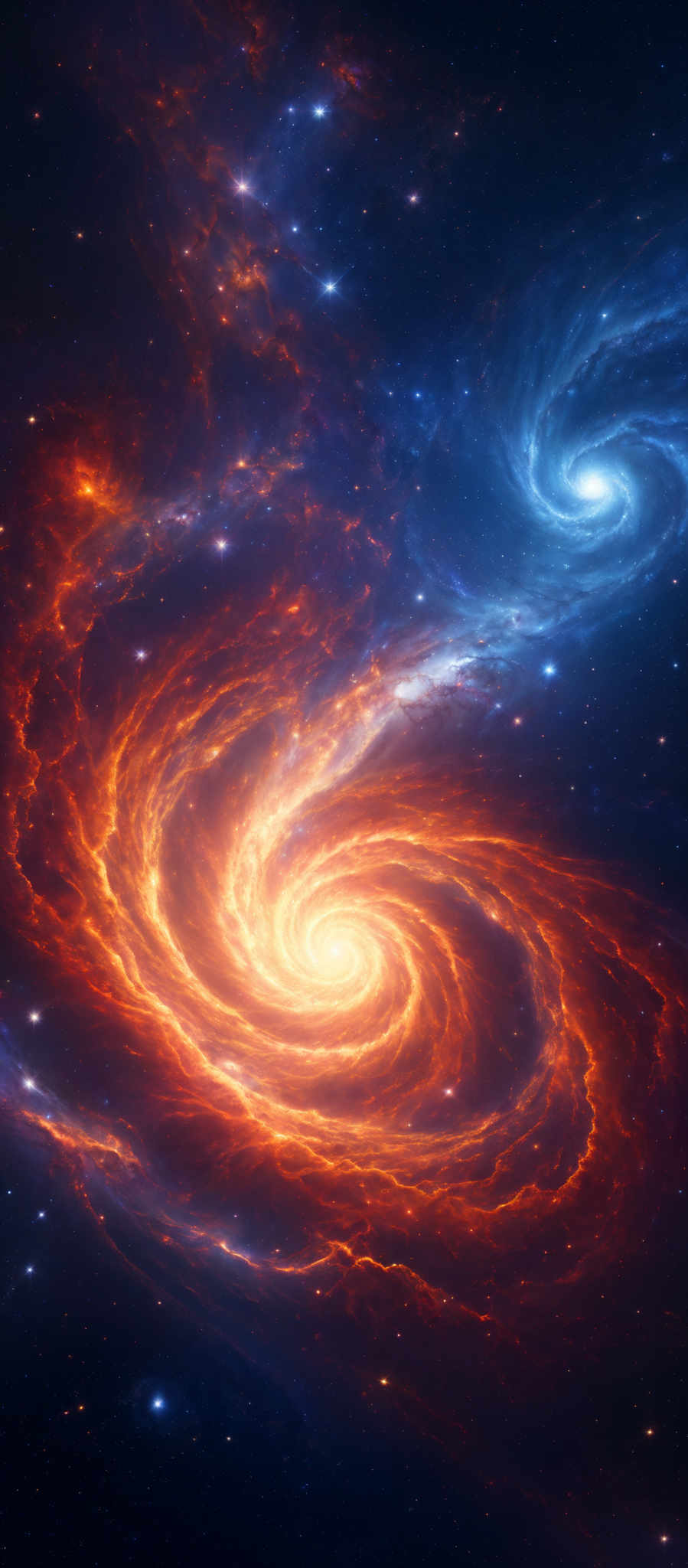 The image showcases a vibrant cosmic scene with swirling galaxies and nebulae. Dominating the center is a bright, fiery spiral galaxy with radiant orange and red hues, suggesting the presence of young, hot stars. To the right, there's another galaxy, appearing cooler with blue and white tones, possibly older and composed of older stars. The background is filled with a deep blue space dotted with distant stars, and there are also ethereal, cloud-like structures that add depth and dimension to the scene.