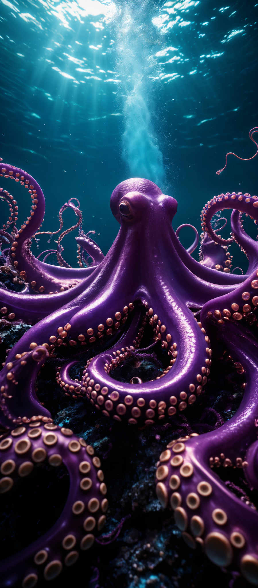 The image showcases a vibrant purple octopus with numerous suction cups on its tentacles. The octopus is positioned against a backdrop of deep blue water, with rays of sunlight piercing through the surface, creating a shimmering effect. The tentacles are intricately detailed, displaying a myriad of suction cup patterns in varying shades of purple and gold. The creature's head is prominently displayed, with its large, round eyes and smooth skin.