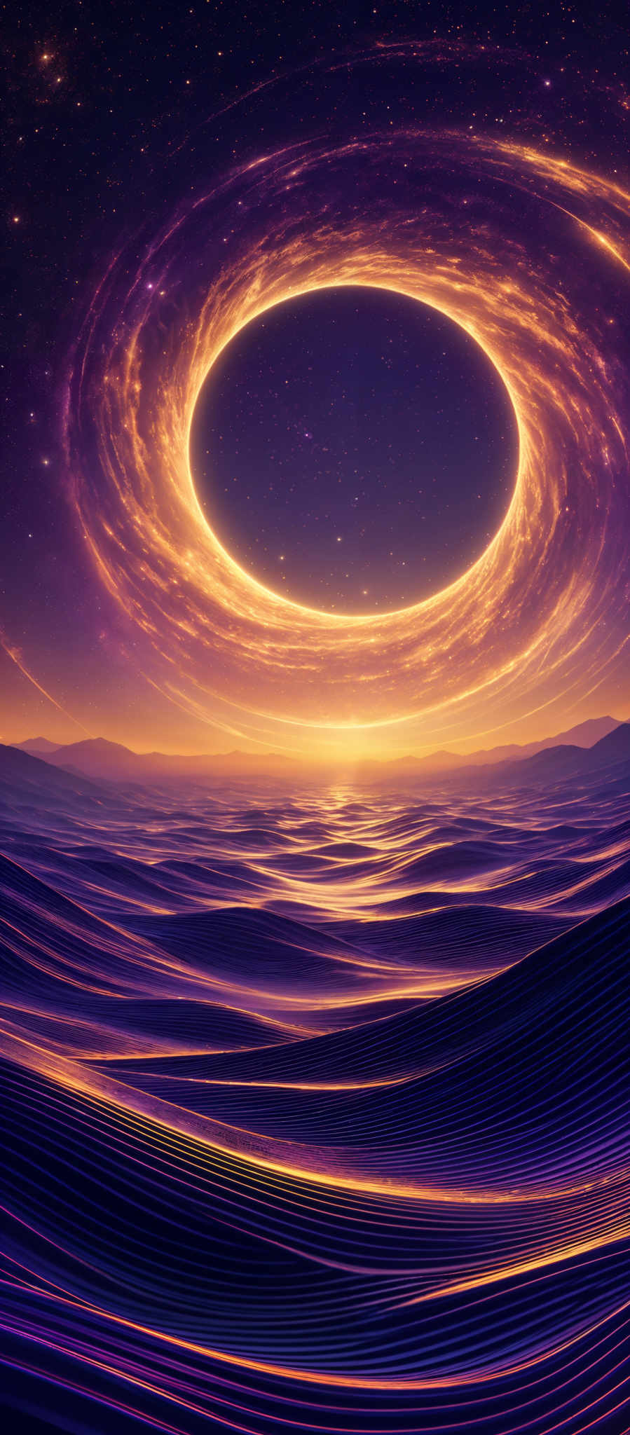 The image showcases a mesmerizing cosmic scene. Dominating the top half is a swirling vortex or black hole, emanating a brilliant golden-yellow glow. This glow contrasts with the deep purple and blue hues of the surrounding space filled with stars. Below the vortex, there's a serene landscape with undulating sand dunes that glow in a soft orange and purple hue. The dunes are set against a backdrop of a distant horizon, where the sky meets the land. The overall ambiance of the image is both awe-inspiring and tranquil.