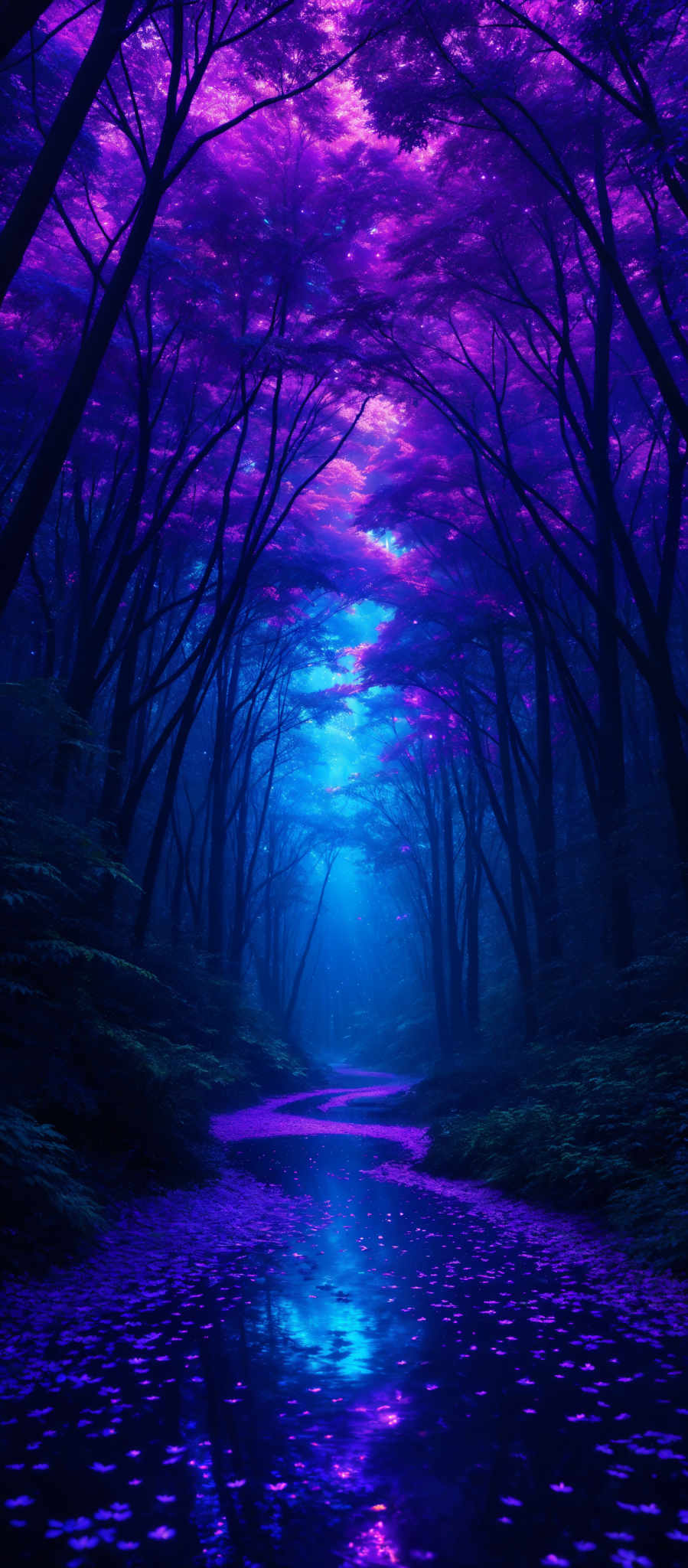 The image showcases a vibrant and surreal forest scene. The dominant colors are various shades of purple and blue, creating a dreamy and ethereal atmosphere. The trees have a tall and slender shape, with their branches reaching out in different directions. The ground is covered with a reflective surface, possibly water, that mirrors the trees and the sky above. The sky is a deep blue with hints of white, suggesting either a cloudy day or a celestial event. The overall ambiance of the image is mystical and otherworldly.