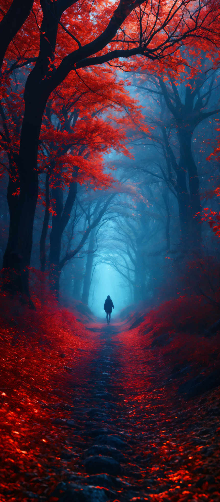 The image showcases a breathtaking forest during autumn. The dominant colors are vibrant shades of red and orange from the leaves, contrasted with the cool blue hues of the mist and the path. The trees have twisted and gnarled branches, and their leaves are scattered on the ground, creating a carpet-like appearance. A lone figure is seen walking in the distance, adding a sense of solitude and mystery to the scene. The path, which is covered with fallen leaves, leads the viewer's eye deeper into the forest, where it seems to disappear into the mist, creating an ethereal and enchanting atmosphere.