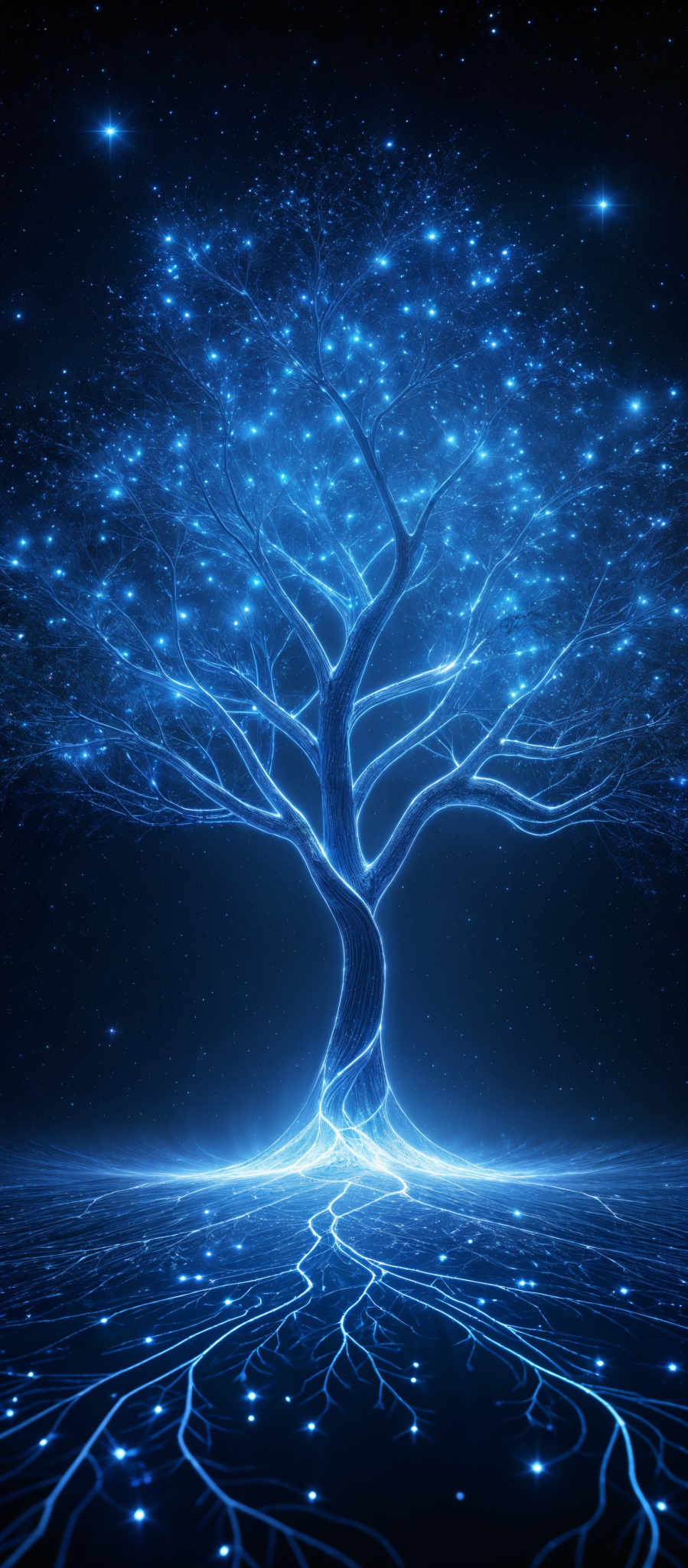 The image showcases a vibrant and mesmerizing tree with glowing blue roots and branches. The tree stands tall against a backdrop of a starry night sky, with twinkling blue stars scattered throughout. The ground beneath the tree is also illuminated with a similar blue glow, creating a surreal and dreamlike atmosphere.