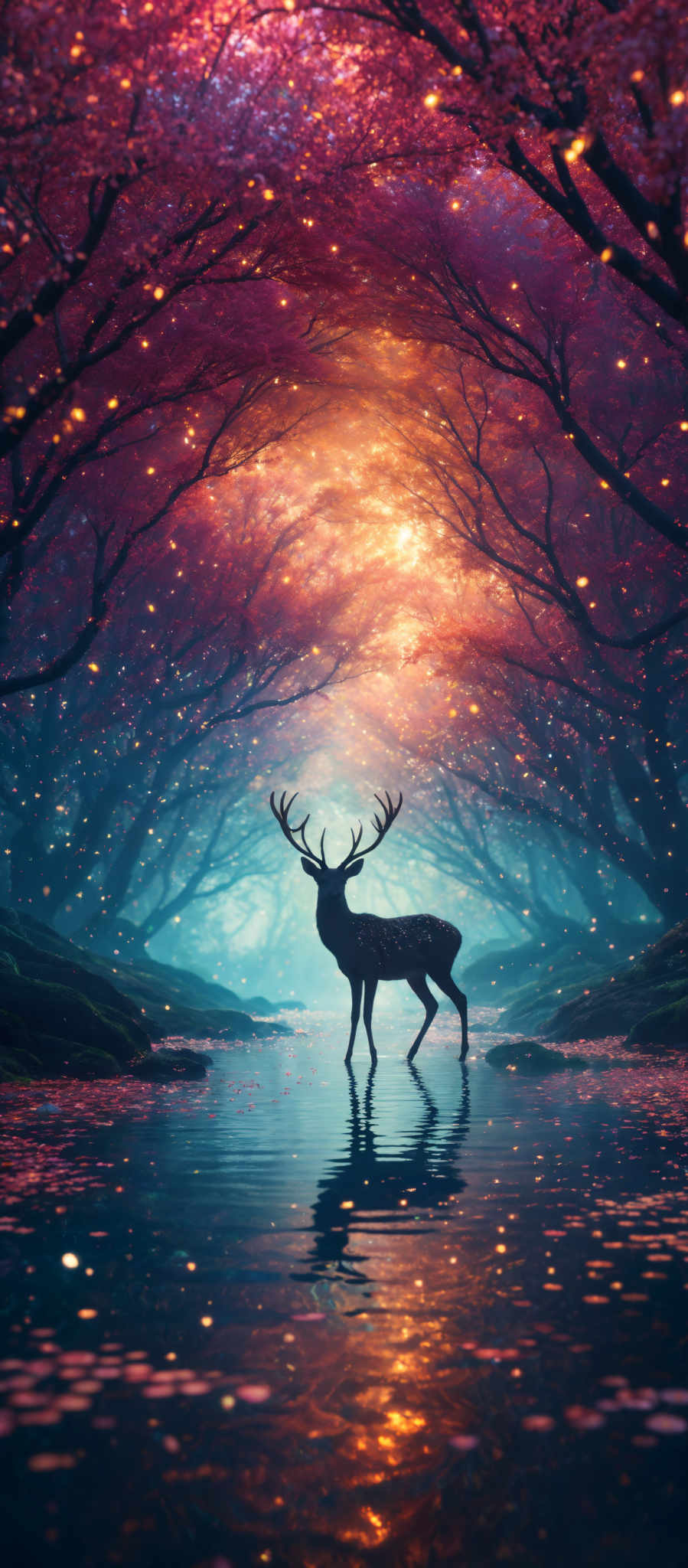 The image showcases a breathtaking scene of a forest with trees that have a fiery red hue, possibly indicating an autumn setting. The ground is covered with fallen leaves, reflecting the same fiery color. The sky above is a mix of deep blue and golden yellow, suggesting either a sunrise or sunset. In the center, there's a silhouette of a majestic stag standing in a calm water body, surrounded by the glow of the forest. The entire scene is enchanting, with the stag's reflection adding to the surreal beauty.