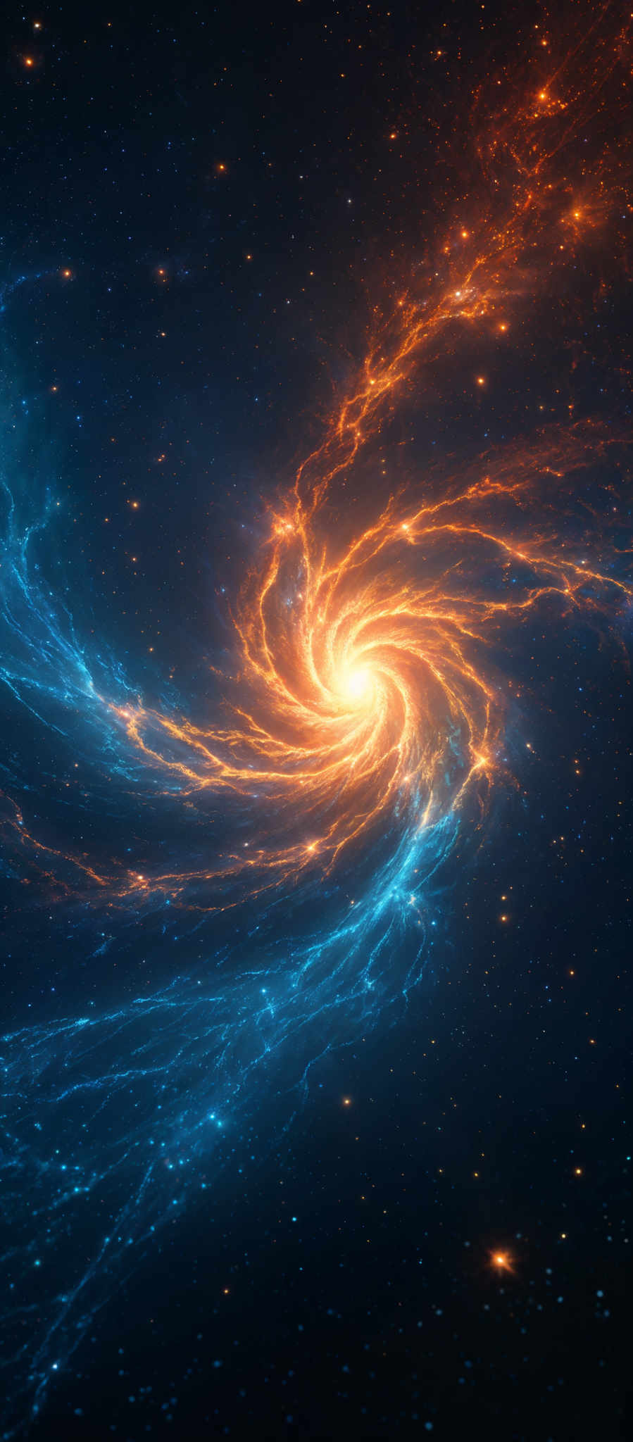 The image showcases a mesmerizing cosmic scene. Dominating the center is a bright, swirling mass of light, possibly a star or a supernova, emitting a radiant glow. Surrounding this central light are intricate patterns of blue and orange tendrils, resembling cosmic filaments or nebulae. These tendrills weave and intertwine, creating a dynamic and swirled pattern. The background is dotted with numerous distant stars, adding depth and dimension to the scene.