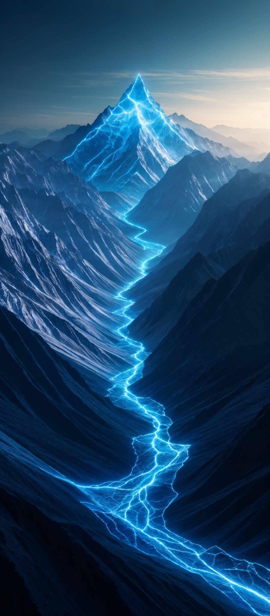 The image showcases a vast mountainous landscape with a prominent, snow-covered peak in the center. The mountain is bathed in a radiant blue light, giving it an ethereal glow. A serpentine blue river or stream flows through the valleys between the mountains, reflecting the same luminescent blue hue. The sky above is a gradient of deep blue to a lighter shade, suggesting either dawn or dusk. The overall ambiance of the image is mystical and otherworldly.