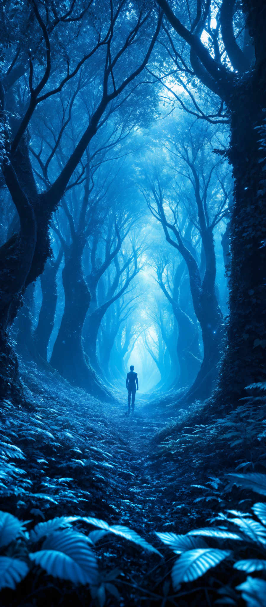 The image showcases a mystical and ethereal forest with tall, twisted trees that have gnarled and intertwined branches. The trees are covered in moss and their leaves are a deep shade of blue, giving the forest a surreal and otherworldly appearance. The ground is covered in shattered blue leaves, and there's a soft mist that permeates the scene. In the distance, a silhouette of a person can be seen walking towards a bright, almost divine light that seems to emanate from the center of the forest.