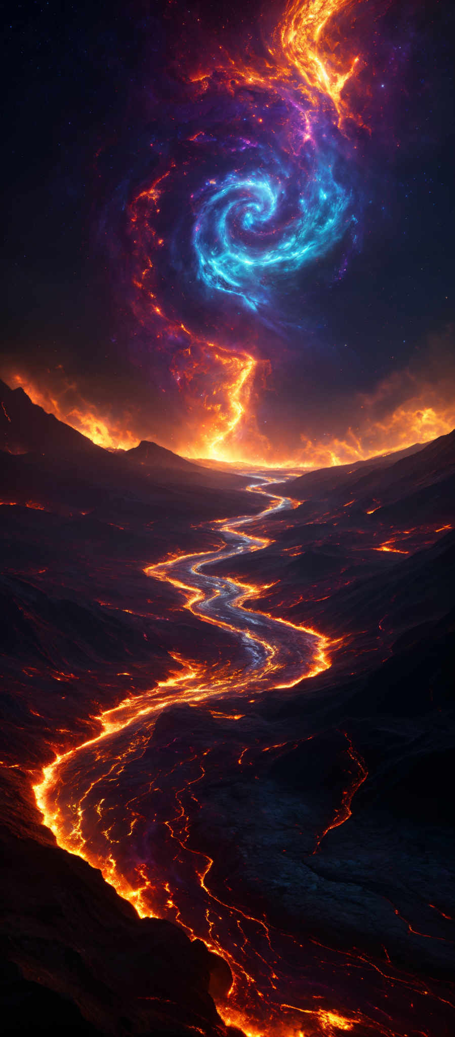 The image showcases a breathtaking celestial scene. At the top, there's a vibrant spiral galaxy with hues of blue, purple, and fiery orange. Below the galaxy, there is a molten landscape with glowing lava rivers snaking through the terrain. The lava appears to be in motion, creating dynamic patterns on the surface. The overall color palette is dominated by warm tones of orange and red, contrasted with the cooler blues and purples of the galaxey.