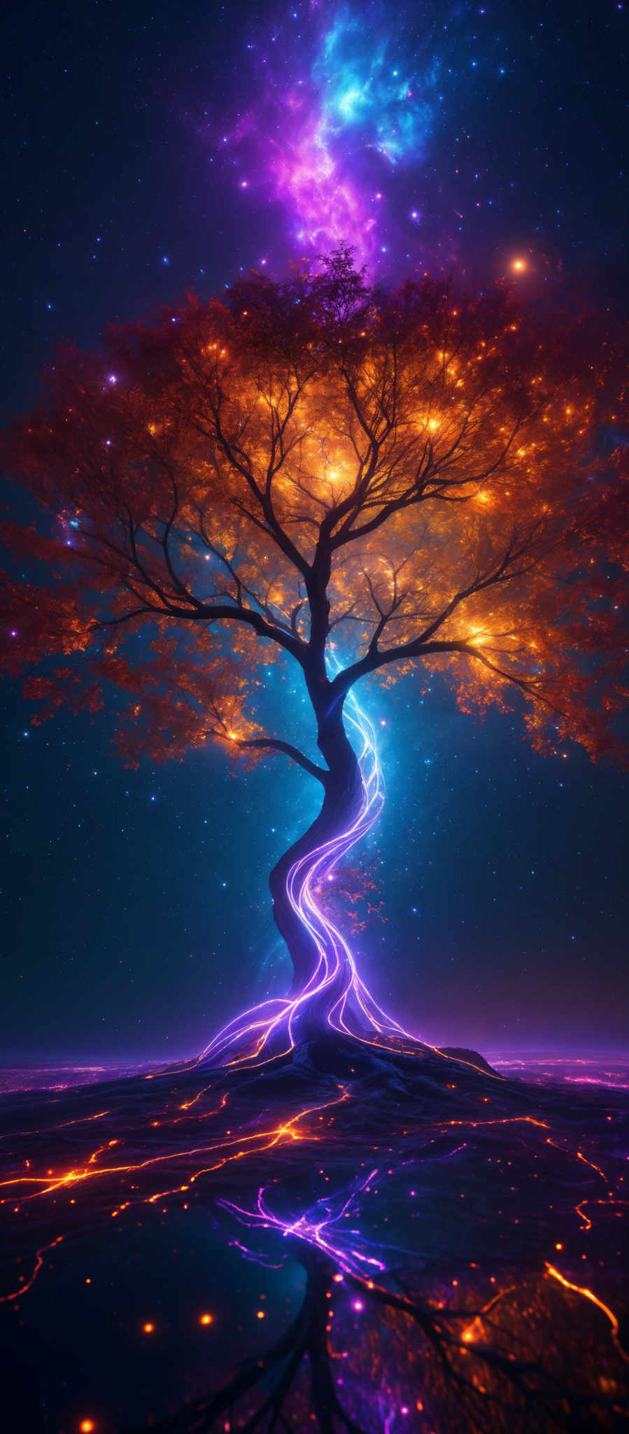 The image showcases a vibrant and surreal scene. At the center, there's a tree with fiery orange and red leaves, standing tall against a backdrop of a deep blue night sky. Above the tree, there are swirling nebulae in hues of purple and blue, with bright stars scattered throughout. The tree's trunk and branches are illuminated with a blue light, creating a striking contrast with the fiery leaves. Below the tree is a reflective surface, possibly water, that mirrors the tree and the cosmic display above. The entire scene is a blend of natural elements with fantastical, otherworldly elements, creating an atmosphere of wonder and myst