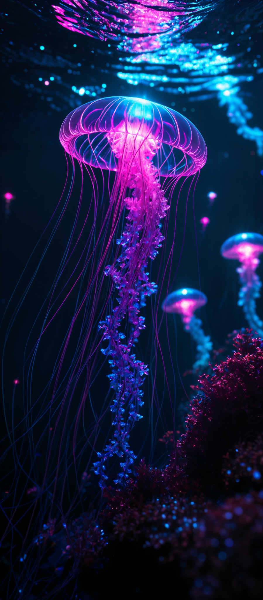 The image showcases a vibrant and mesmerizing scene of a jellyfish floating in the water. The jelly fish has a translucent, dome-shaped bell with delicate, long tentacles trailing below. The tentacles are illuminated with a radiant pink glow, contrasting beautifully with the deep blue of the surrounding water. There are other smaller jelly-like creatures in the background, and the water's surface reflects a myriad of colors, creating a shimmering effect.