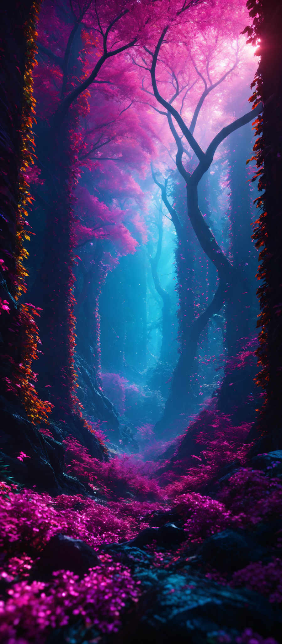 The image showcases a vibrant and mystical forest. The dominant colors are shades of pink, blue, and green. The trees have twisted and gnarled branches, and their leaves are a brilliant pink hue, possibly indicating a unique type of flora or a magical setting. The ground is covered with pink flowers, and there's a soft blue light filtering through the trees, creating an ethereal atmosphere. The overall scene evokes feelings of wonder and enchantment.