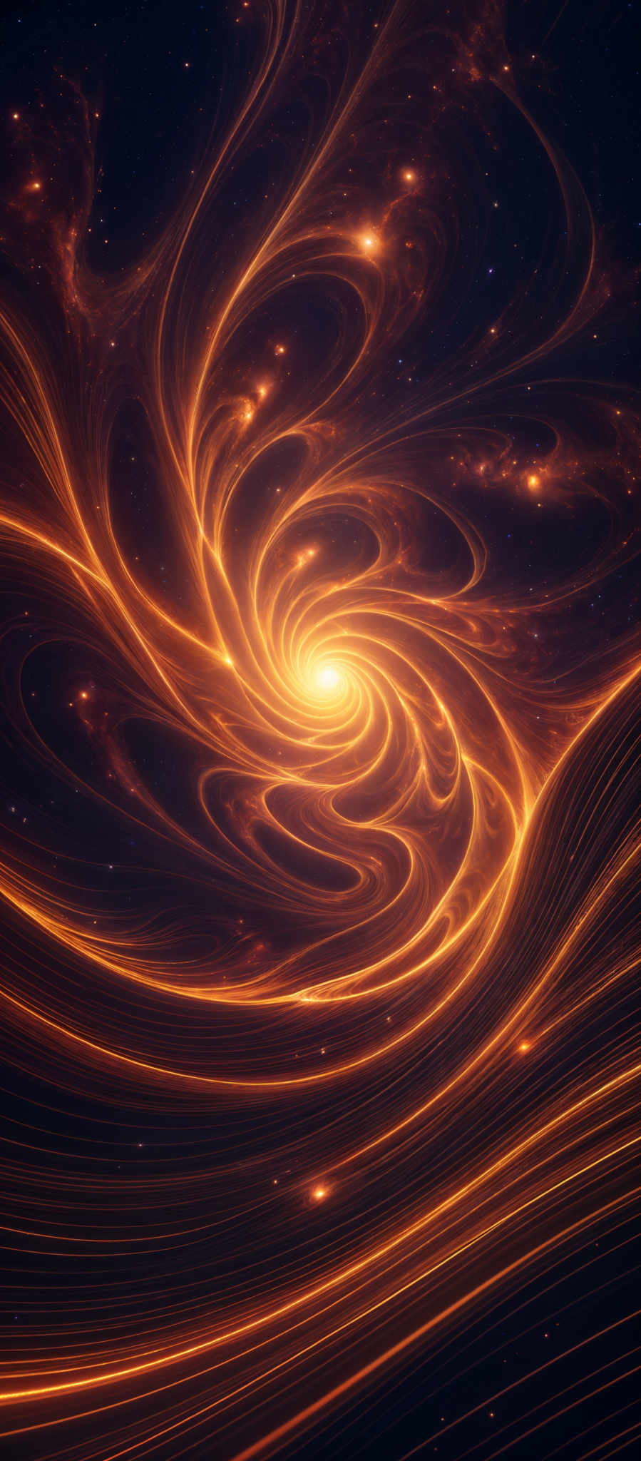 The image showcases a mesmerizing cosmic scene with swirling patterns of golden-orange light against a deep blue background. The swirls appear to be spiraling galaxies or nebulae, emanating a radiant glow. The intricate patterns and the interplay of light and shadow create a sense of depth and movement, as if the viewer is looking into the vastness of space.