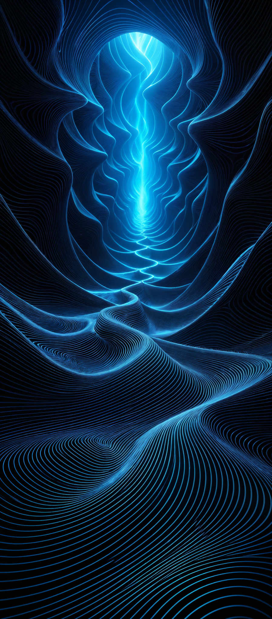 The image showcases a mesmerizing digital artwork. It predominantly features a deep blue hue with intricate, wavy patterns that resemble flowing water or ripples. These patterns are layered in a way that creates a sense of depth and dimension. At the center, there's a bright, luminous blue light source that emanates a radiant glow, illuminating the surrounding patterns. The overall effect is reminiscent of a submerged underwater cave or a futuristic digital landscape.