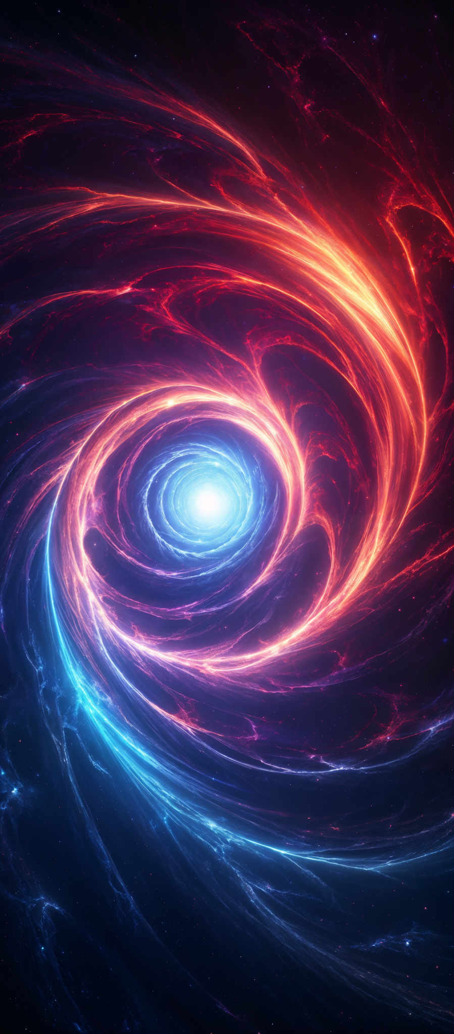 The image showcases a mesmerizing cosmic scene. At its center, there's a bright, glowing white swirl, reminiscent of a galaxy or a nebula. Surrounding this central swirl are swirling patterns of vibrant colors, including deep reds, fiery oranges, and electric blues. These colors give the impression of dynamic energy and movement, as if the cosmic entities are in motion. The overall shape is reminisccent of spirals, often seen in galaxies, suggesting a dynamic, rotating structure.