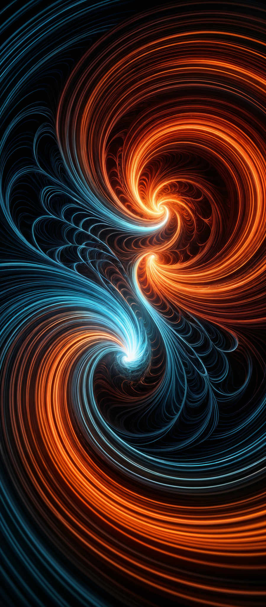 The image showcases a vibrant and dynamic fractal pattern. It predominantly features swirling lines of blue and orange, intertwining and overlapping in a mesmerizing dance. The blue lines have a cool, serene quality, while the orange lines exude warmth and energy. The swirls are intricate, with each layer appearing to be made up of smaller, repetitive patterns. The overall effect is reminiscent of a vortex or whirlpool, drawing the viewer into its depths.