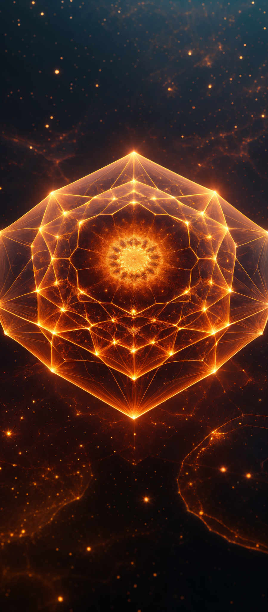 The image showcases a vibrant and intricate geometric design set against a cosmic backdrop. The dominant colors are deep reds, fiery oranges, and hints of blue. The geometric design is a series of interconnected lines and triangles forming a complex pattern, reminiscent of a mandala or a cosmos. The backdrop is filled with stars, nebulae, and other celestial phenomena, giving the impression of a vast, expansive universe.