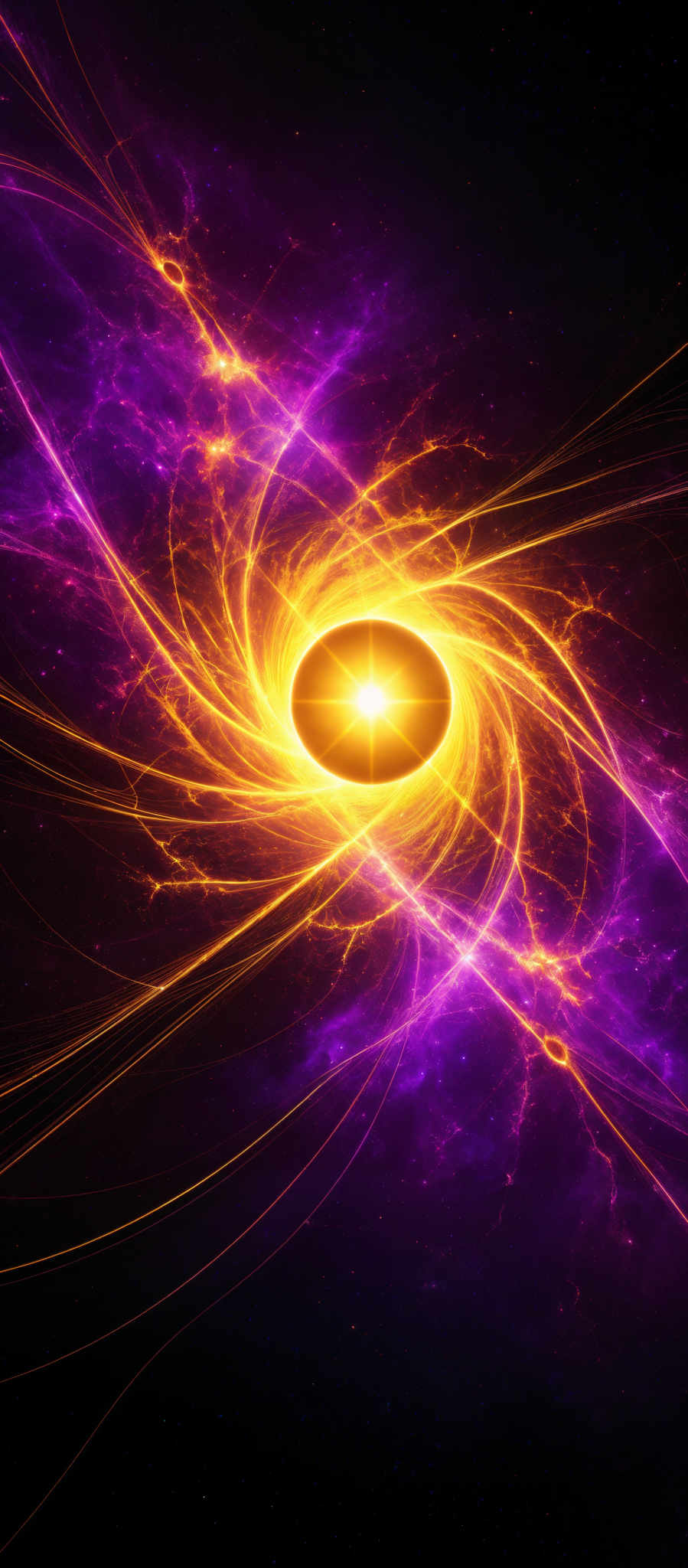 The image showcases a vibrant and mesmerizing cosmic scene. Dominating the center is a radiant, golden-yellow circle, possibly representing a star or a sun. Swirling around this central point are intricate patterns of purple and gold electric currents, reminiscent of a galaxy or a nebula. These currents seem to emanate from the central circle and spiral outwards, creating a dynamic and swirling effect. The background is a deep, dark space filled with distant stars, adding to the ethereal beauty of the scene.