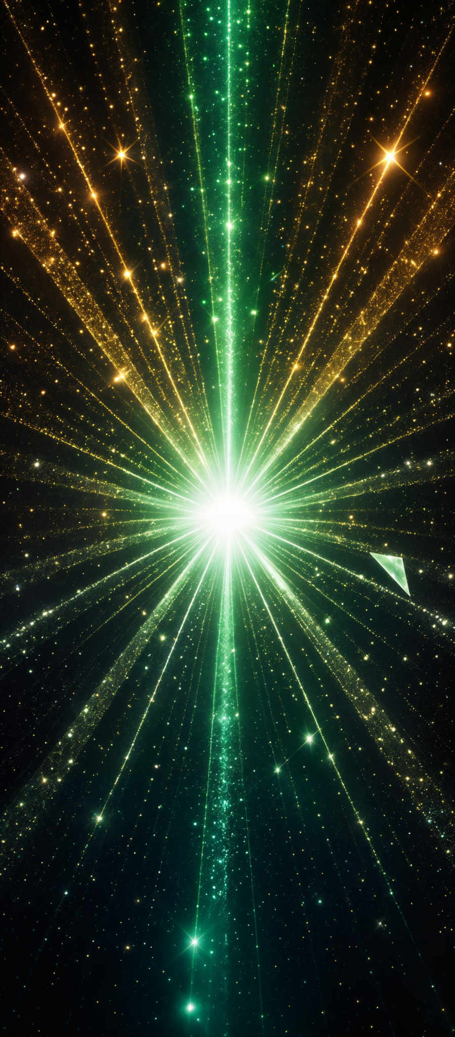 The image showcases a radiant burst of light emanating from a central point, radiating outwards in an array of beams. These beams are characterized by a mix of green and golden hues, giving the impression of a cosmic or celestial event. The background is dark, punctuated by numerous twinkling stars, further emphasizing the luminosity of the central light source. The overall shape can be described as an explosion or a radiating starburst, with the light beams spreading outwards uniformly.