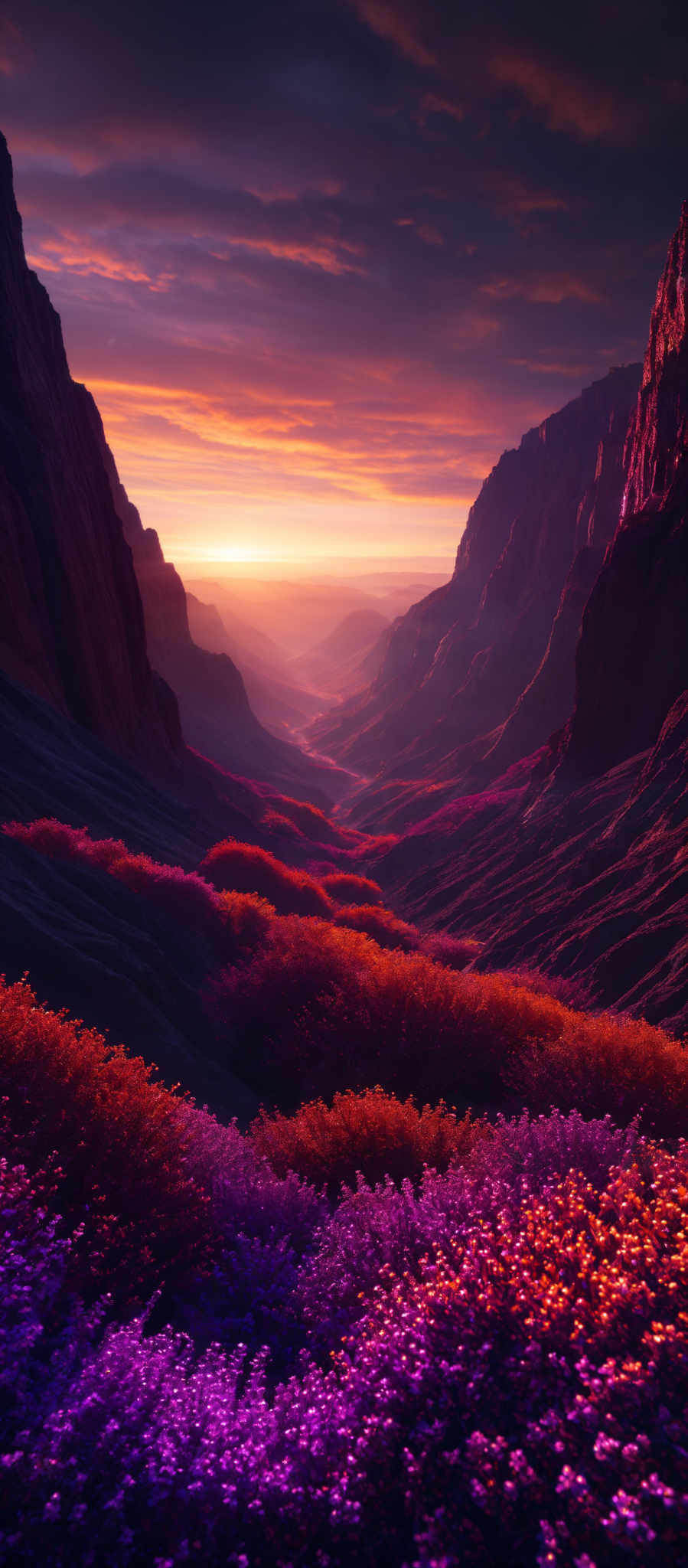 The image showcases a breathtaking landscape during what appears to be sunset or sunrise. The sky is painted with hues of orange, purple, and deep blue, with the sun casting a golden glow. The landscape is dominated by rugged cliffs and mountains on either side, with a valley in between. The valley is carpeted with vibrant purple and orange flowers, creating a stark contrast against the darker hues. The play of light and shadow adds depth and dimension to the scene, making it look both serene and majestic.