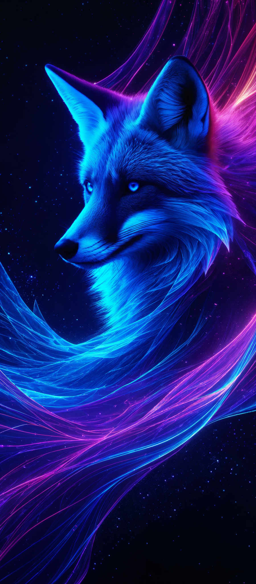 The image showcases a vibrant and mesmerizing depiction of a fox. The fox is enveloped in swirling, vivid streaks of blue, purple, and pink, giving it an ethereal and otherworldly appearance. These colorful streaks flow around the fox, creating a sense of movement and fluidity. The background is dark, with specks of white that resemble stars, adding to the cosmic ambiance of the image, making the foxtail appear as if it's floating in space.